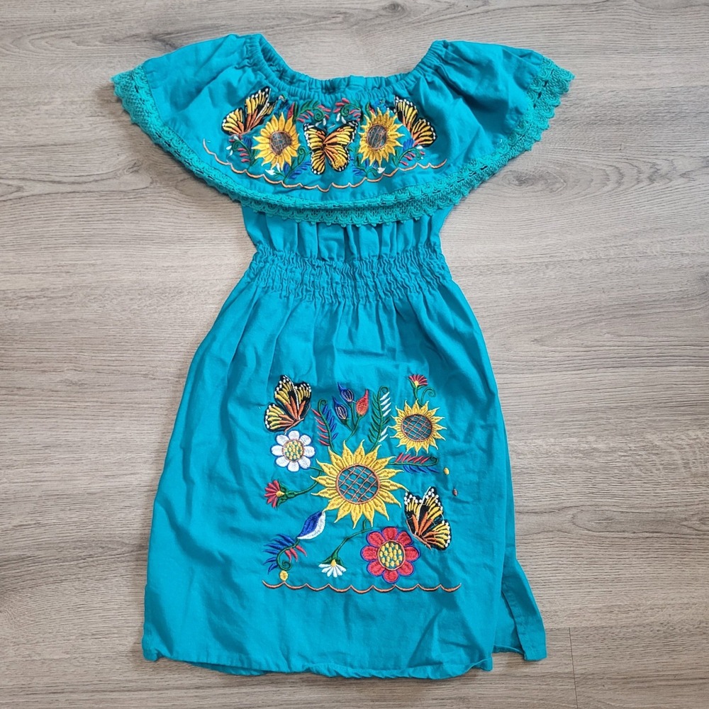 Kids Mexican‎ Embroidered Dress Turquoise Floral Butterfly Sunflowers Boho 6